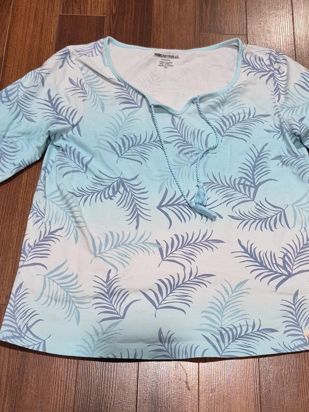 Margaritaville Women's Aqua & White Palm-Print Tie-Neck Tunic